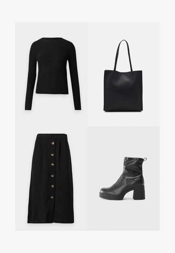 Fekete bordázott, hosszú ujjas, testhez simuló pulóver kerek nyakkivágással, világos, egyszínű háttér előtt kiemelve.; Fekete midi szoknya textúrált anyagból, elülső gombos záródással öt bronz gombbal és egyenes fazonnal.; Fekete bokacsizmák sima bőrből, oldalsó cipzárral, vastag, texturált sarkú és lekerekített orrú dizájnnal.; Fekete bőrtáska sima felszínnel, téglalap alakú, két hosszú füllel. Nincs látható fémkiegészítő vagy díszítés.