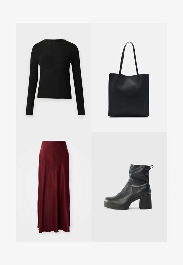 Schwarzer, gerippter, langärmliger, taillierter Pullover mit Rundhalskragen, vor einem schlichten, hellen Hintergrund präsentiert.; Bordeaux-farbenen, langen Maxikleid aus glattem, leichtem Material mit einem leichten Glanz. Verfügt über einen figurbetonten Taillenbund und ein fließendes Design.; Schwarze Stiefeletten aus glattem Leder mit seitlichem Reißverschluss, klobigem strukturiertem Absatz und runder Zehenform.; Schwarze Laptoptasche aus Leder mit glatter Textur, rechteckiger Form und zwei langen Griffen. Keine sichtbaren Beschläge oder Verzierungen.