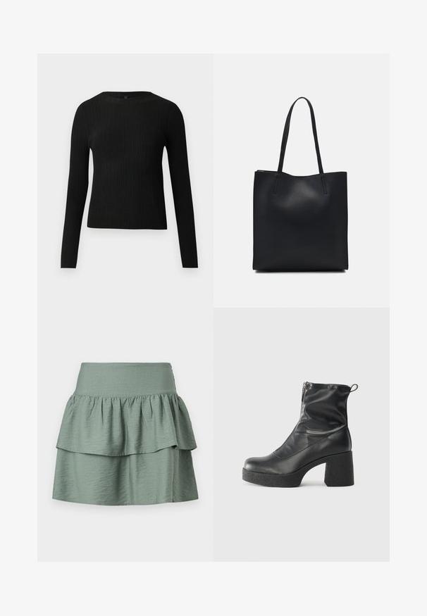 Mustat ribbitetut pitkähihaiset tiukat neuleet, joissa on pyöreä pääntie, esillä yksinkertaisella vaalealla taustalla.; Pehmeä vihreä hame, jossa on kerroksellinen muotoilu ja röyhelöhelma, valmistettu kevyestä kankaasta, ja jossa on joustava vyötärö mukavuutta varten.; Mustat nilkkurit, jotka on valmistettu sileästä nahasta. Niissä on sivuvetoketju, paksu teksturoitu korko ja pyöristetty kärki.; Mustapahkainen kangaskassi, jossa on sileä pinta, suorakaiteen muotoinen ja kaksi pitkää kahvaa. Ei näkyvää metalliosaa tai koristeita.