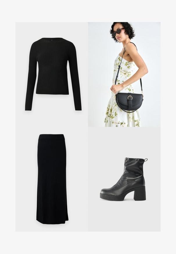 Black ribbed long-sleeve fitted sweater with a round neckline, displayed against a plain light background.; Black, long, knit skirt with a side slit. Features a stretchy waistband and smooth texture. Simple, fitted design. No visible patterns or accents.; Black ankle boots made of smooth leather, featuring a side zipper, chunky textured heel, and rounded toe design.; Black leather handbag with a curved shape, detachable strap, and gold hardware. The bag features a flap with a buckle detail.
