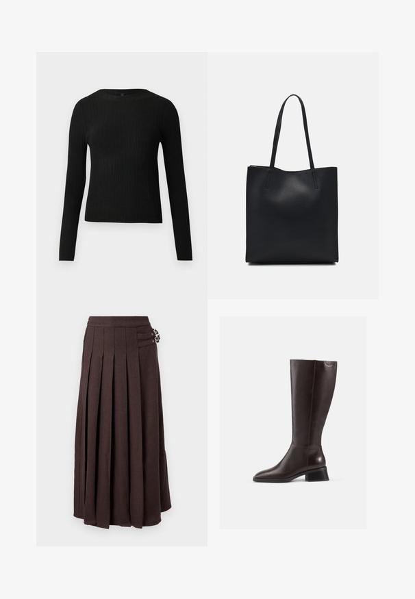 Fekete bordázott, hosszú ujjas, testhez simuló pulóver kerek nyakkivágással, világos, egyszínű háttér előtt kiemelve.; Vero Moda VMHELGA SKIRT - Rakott szoknya - chocolate torte; Térdfeletti barna bőrcipők sima felülettel, lekerekített orral és fekete, rétegelt sarokkal. Egyszerű dizájn minimális fémszerelvényekkel.; Fekete bőrtáska sima felszínnel, téglalap alakú, két hosszú füllel. Nincs látható fémkiegészítő vagy díszítés.