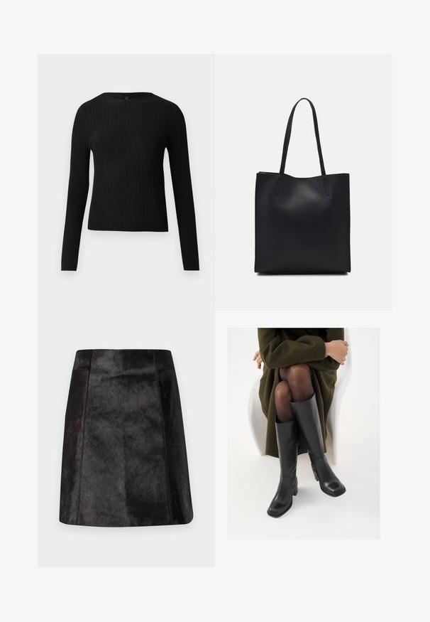 Svart ribbestrikket langermet tettsittende genser med rund hals, vist mot en ensfarget lys bakgrunn.; Svart skinnminiskjørt med en glatt, teksturert finish. Har en tettsittende midje og rene linjer som fremhever det elegante designet.; Knæhøye sorte lærstøvler med firkantet tå og blokkhelt, vist med en modell som sitter iført en olivengrønn kåpe. Glatt tekstur, minimal detaljering.; Svart lær tote bag med glatt tekstur, rektangulær form og to lange håndtak. Ingen synlige deler eller dekorasjoner.