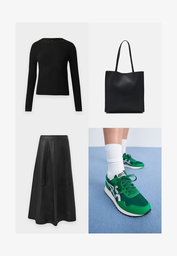 Mustmustriibuline must pikavarsiline sobiv sviiter ümmarguse kaelusega, esitatud helehallil taustal.; Mustast nahast midi seelik, millel on laienev siluett, ning omadused nagu õmblustähed ja sile tekstuur. Ilma nähtava riistvara või lisanditeta.; Roheline võrgust ja sünteetiline tossud valgete detailidega ning musta kummitaldiga. Omaduseks on paelad, pehmendatud kaelus ja ASICS logo keeles.; Mustast nahast kott sujuva tekstuuriga, ristkülikukujuline ja kahe pika sangaga. Pole nähtavat riistvara ega kaunistusi.