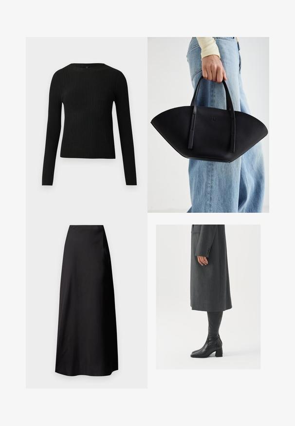 Schwarzer, gerippter, langärmliger, taillierter Pullover mit Rundhalskragen, vor einem schlichten, hellen Hintergrund präsentiert.; Schwarzer Satin-Maxirock mit glatter Textur, hoch tailliertem Design, fließender Silhouette und ohne sichtbare Muster oder Hardware-Details.; Grau, maßgeschneiderter Überwurf mit geradem Schnitt; kombiniert mit knöchelhohen, schwarzen Lederstiefeln mit quadrater Zehenform und klobigem Absatz.; Schwarze Lederhandtasche mit einzigartiger Fächerform, ausgestattet mit flachen Griffen. Die Oberfläche hat eine genoppte Textur und ein minimalistisches Design.