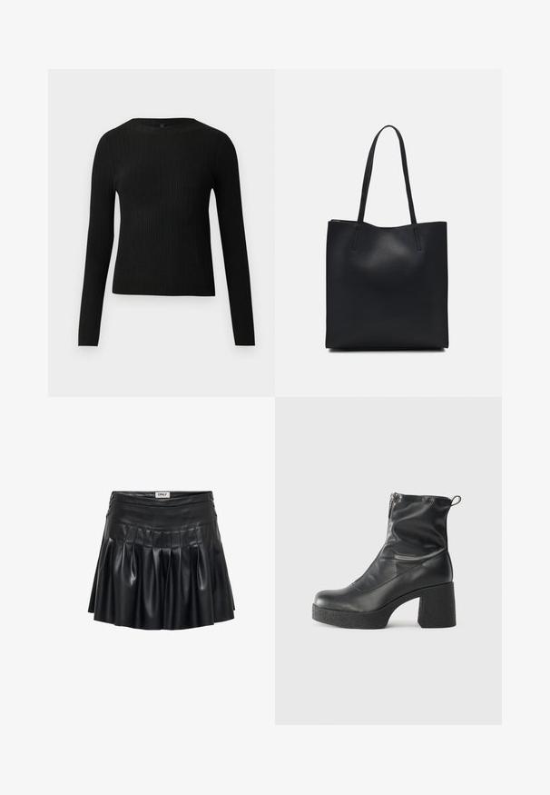 Čierny rebrovaný pulóver s dlhým rukávom, priliehajúci, s okrúhlym výstrihom, vystavený na jednoduchom svetlom pozadí.; Čierna sukňa z umelého kože s plisovaním, vypasovaným pásom a dekoratívnymi kovovými prvkami po bokoch. Hladká textúra s lesklým povrchom.; Čierne členkové topánky z hladkej kože, so bočným zipsom, robustnou textúrovanou pätnou časťou a zaobleným dizajnom špičky.; Čierna kožená taška na rameno s hladkým povrchom, obdĺžnikovým tvarom a dvoma dlhými uchami. Bez viditeľného kovania alebo ozdôb.