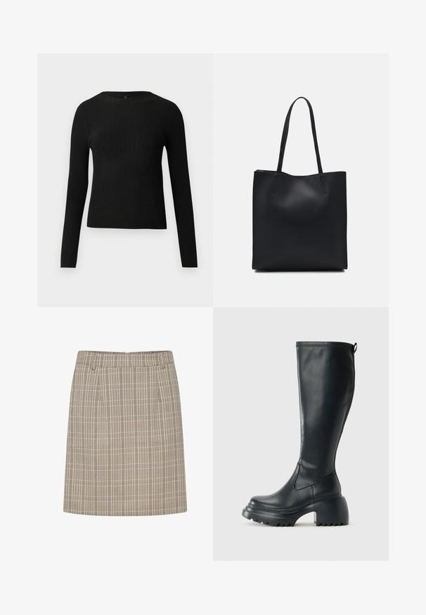 Zwarte geribde langochtriem trui met een ronde halslijn, weergegeven tegen een effen lichte achtergrond.; Geruite rok met een aansluitende tailleband, voorzien van verticale en horizontale lijnen in beige en bruin, gemaakt van een lichte stof.; Hoge zwarte leren laars met een chunky plateauzool en blokhak, voorzien van een trekband en een gestructureerd profiel op de buitenzool.; Zwarte leren handtas met een gladde textuur, rechthoekige vorm en twee lange handvaten. Geen zichtbare hardware of versieringen.