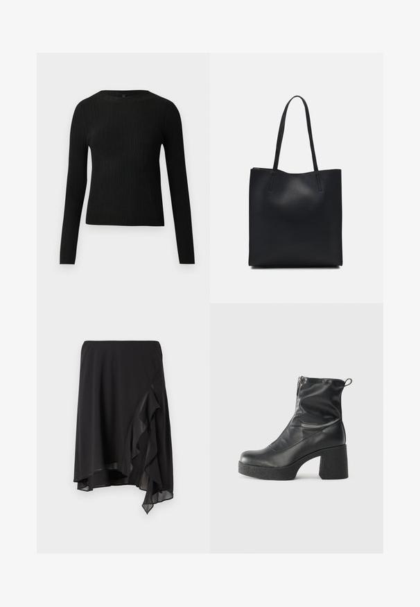 Black ribbed long-sleeve fitted sweater with a round neckline, displayed against a plain light background.; Black skirt with layered ruffles, flowing material, asymmetrical hem, elastic waistband, and sheer accents on the side.; Black ankle boots made of smooth leather, featuring a side zipper, chunky textured heel, and rounded toe design.; Black leather tote bag with smooth texture, rectangular shape, and two long handles. No visible hardware or embellishments.