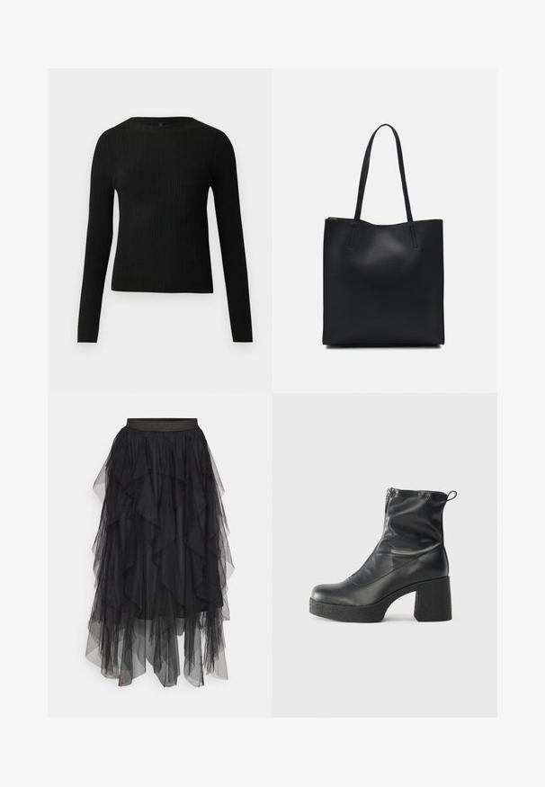 Melna, ribota, garām piedurknēm pieguļoša džemperis ar apaļu kakla izgriezumu, izlikta pret vienkāršu gaišu fonu.; Melna tilla svārku ar slāņotiem ruffles, ar elastīgu jostu un dažādām garumiem. Caurspīdīgā tekstūra uzlabo vizuālo dziļumu.; Melni potītes zābaki, kas izgatavoti no gludas ādas, ar sānu rāvējslēdzēju, masīvu strukturētu papēdi un noapaļotu purngalu.; Melnas ādas somiņa ar gludu tekstūru, taisnstūra formu un divām garām rokturiem. Nav redzamu aparatūras vai rotājumu.