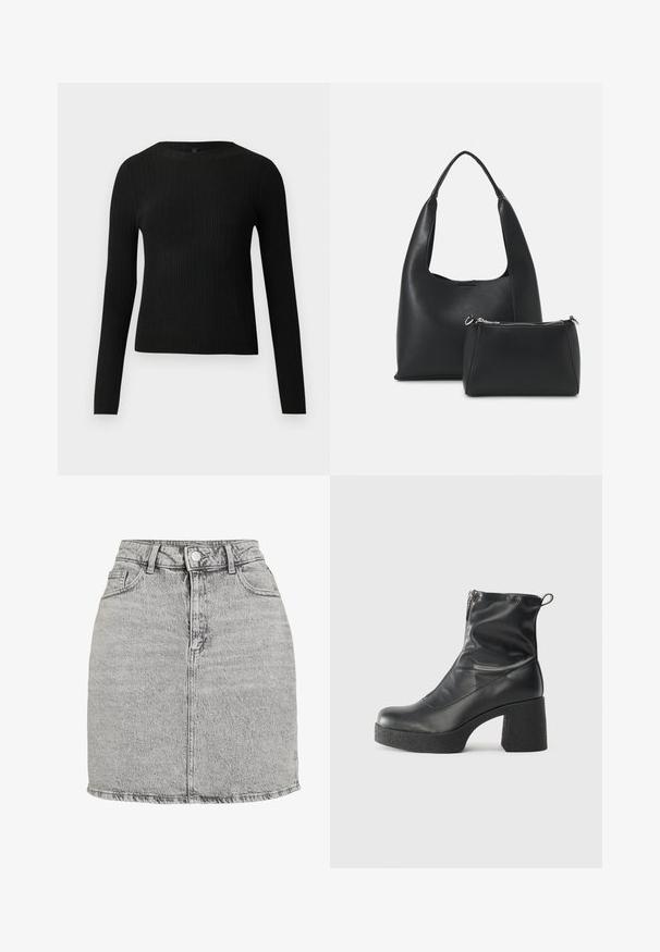 Suéter preto de mangas compridas com textura canelada, justo ao corpo, com um decote redondo, exibido contra um fundo claro e liso.; Saia de ganga cinza com uma cintura alta, fecho de botão na frente e dois bolsos laterais. Apresenta uma bainha desfiada e uma textura suavemente lavada.; Botas de tornozelo pretas feitas de couro liso, com fecho lateral, salto grosso texturizado e design de bico arredondado.; Even&Odd Mala de mão - black