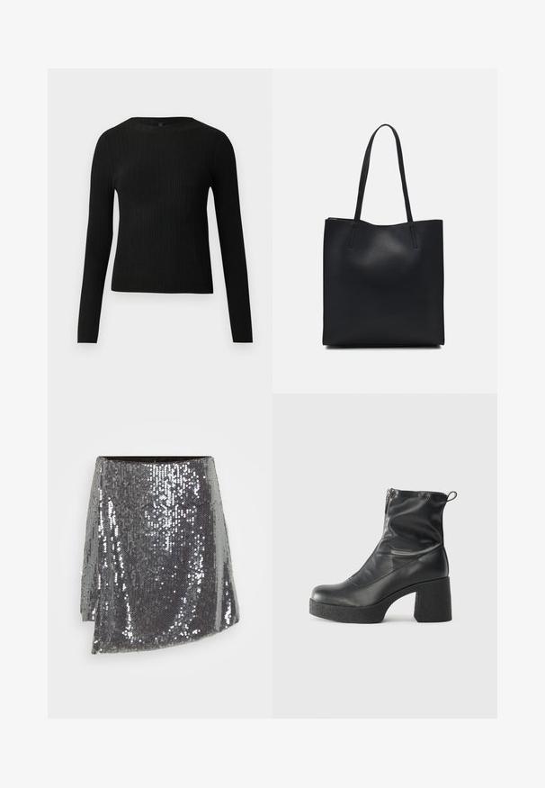 Mustmustriibuline must pikavarsiline sobiv sviiter ümmarguse kaelusega, esitatud helehallil taustal.; Hõbedane sequins'iga mini seelik, millel on mähise disain, tekstuurine pind ja veidi asümmeetriline hem.; Mustad mustad ansapüksid, mis on valmistatud siledast nahast, külje zipperiga, paksu tekstuuriga kontsaga ja ümmarguse nina disainiga.; Mustast nahast kott sujuva tekstuuriga, ristkülikukujuline ja kahe pika sangaga. Pole nähtavat riistvara ega kaunistusi.