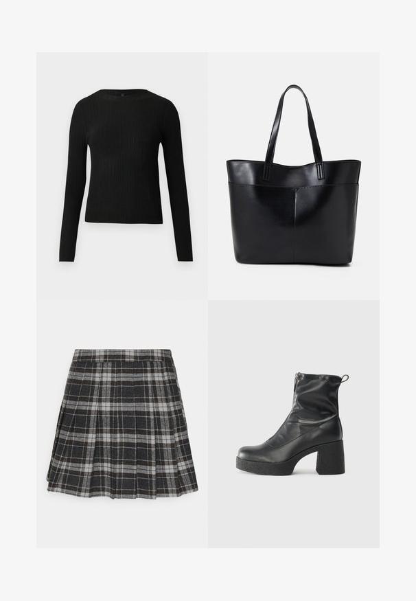 Melna, ribota, garām piedurknēm pieguļoša džemperis ar apaļu kakla izgriezumu, izlikta pret vienkāršu gaišu fonu.; ONLY ONLCHELSEA CHECK SKIRT - Plisēti svārki - black/white; Melni potītes zābaki, kas izgatavoti no gludas ādas, ar sānu rāvējslēdzēju, masīvu strukturētu papēdi un noapaļotu purngalu.; Melnas ādas iepirkumu soma ar divām garām rokturām, gludu tekstūru un strukturētu formu. Iekļauj priekšējo kabatu papildu uzglabāšanai.