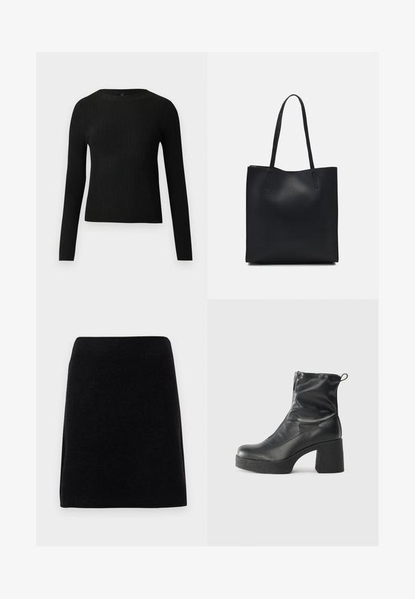 Pull ajusté noir à manches longues et côtelé avec un col rond, présenté sur un fond clair uni.; Mini-jupe noire en tissu doux, avec une coupe droite et une taille sans coutures, sans fermetures ni motifs visibles.; Bottes noires à la cheville en cuir lisse, dotées d'une fermeture éclair sur le côté, d'un talon épais texturé et d'une conception à bout rond.; Sac fourre-tout en cuir noir avec une texture lisse, de forme rectangulaire et deux longues poignées. Pas de matériel ou d'ornementations visibles.