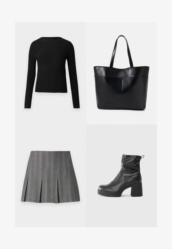 Mustmustriibuline must pikavarsiline sobiv sviiter ümmarguse kaelusega, esitatud helehallil taustal.; Halli plisseeritud seelik tekstureeritud kangast, millel on vertikaalsed triibud, vooderdatud talje ja A-laiusega siluett.; Mustad mustad ansapüksid, mis on valmistatud siledast nahast, külje zipperiga, paksu tekstuuriga kontsaga ja ümmarguse nina disainiga.; Must mustaga musta nahast, millel on kaks pikka kanda, sile tekstuur ja struktureeritud kuju. Esipoolsel on lisakoti jaoks tasku.