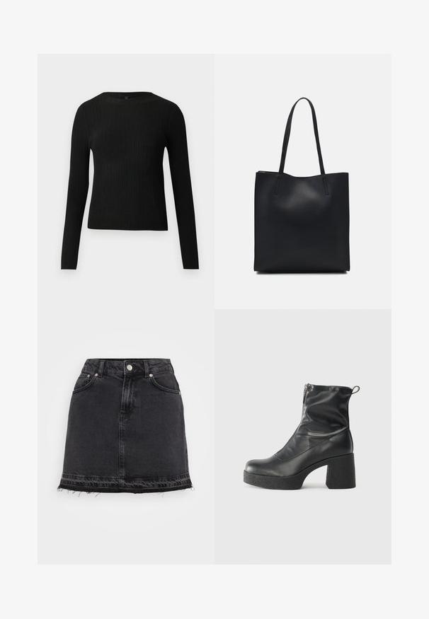 Black ribbed long-sleeve fitted sweater with a round neckline, displayed against a plain light background.; Black denim mini skirt with a straight silhouette, featuring front pockets, metal button closure, and frayed hem detail.; Black ankle boots made of smooth leather, featuring a side zipper, chunky textured heel, and rounded toe design.; Black leather tote bag with smooth texture, rectangular shape, and two long handles. No visible hardware or embellishments.