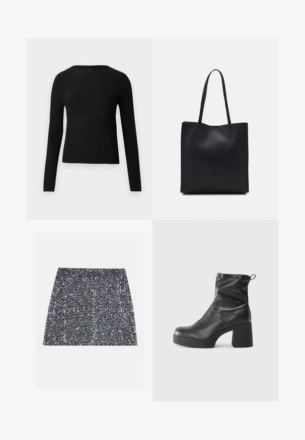 Suéter preto de mangas compridas com textura canelada, justo ao corpo, com um decote redondo, exibido contra um fundo claro e liso.; Mini saia prateada com lantejoulas, apresentando um padrão texturizado e um corte reto. O tecido parece brilhante e refletivo.; Botas de tornozelo pretas feitas de couro liso, com fecho lateral, salto grosso texturizado e design de bico arredondado.; Bolsa tote preta em couro com textura lisa, forma retangular e duas alças longas. Sem hardware ou enfeites visíveis.