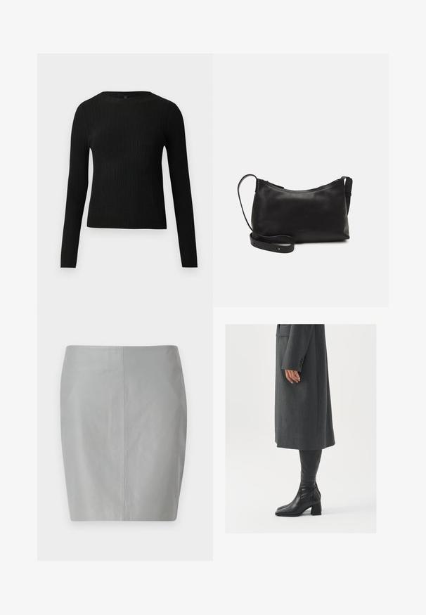 Svart ribbestrikket langermet tettsittende genser med rund hals, vist mot en ensfarget lys bakgrunn.; Grå lærblyantskjørt med en glatt tekstur, preget av et enkelt design og en sentral søm som går vertikalt nedover baksiden.; Grå, skreddersydd frakk med rett snitt; kombinert med knehøye svarte lærstøvler med firkantet tå og kraftig hæl.; Svart skinn skulderveske med glatt tekstur, buet form, justerbar stropp og glidelås. Minimalistisk design uten dekorasjoner.