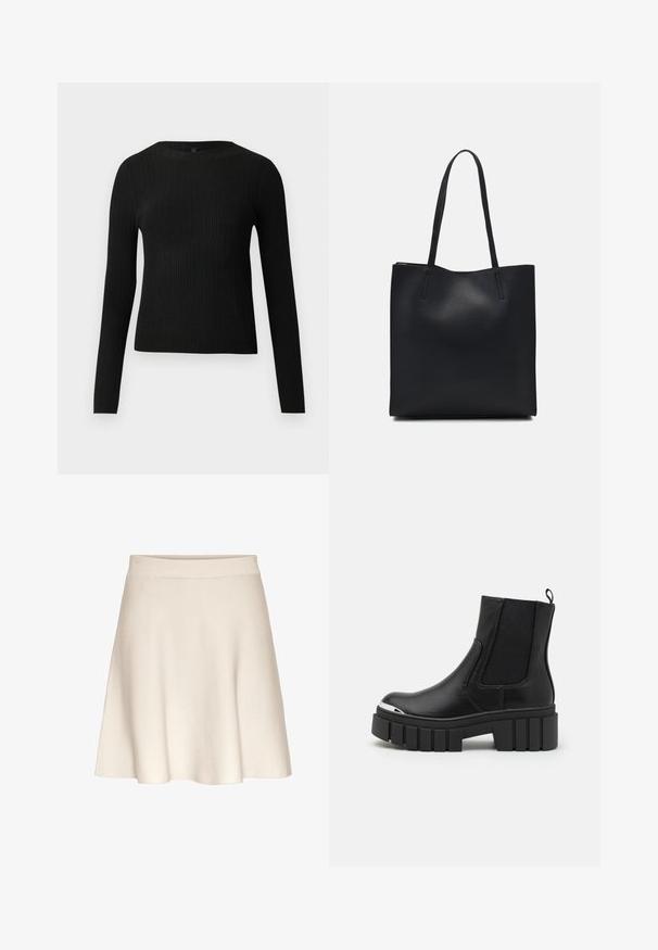 Schwarzer, gerippter, langärmliger, taillierter Pullover mit Rundhalskragen, vor einem schlichten, hellen Hintergrund präsentiert.; Ein ausgestellter, beiger Rock aus weichem Stoff mit glatter Textur, der über einen breiten Bund und einem knielangen Saum verfügt.; Schwarze Knöchelstiefel aus glattem Leder mit elastischen Einsätzen, einer dicken Plattformsohle und einer metallischen Zehenkappe.; Schwarze Laptoptasche aus Leder mit glatter Textur, rechteckiger Form und zwei langen Griffen. Keine sichtbaren Beschläge oder Verzierungen.