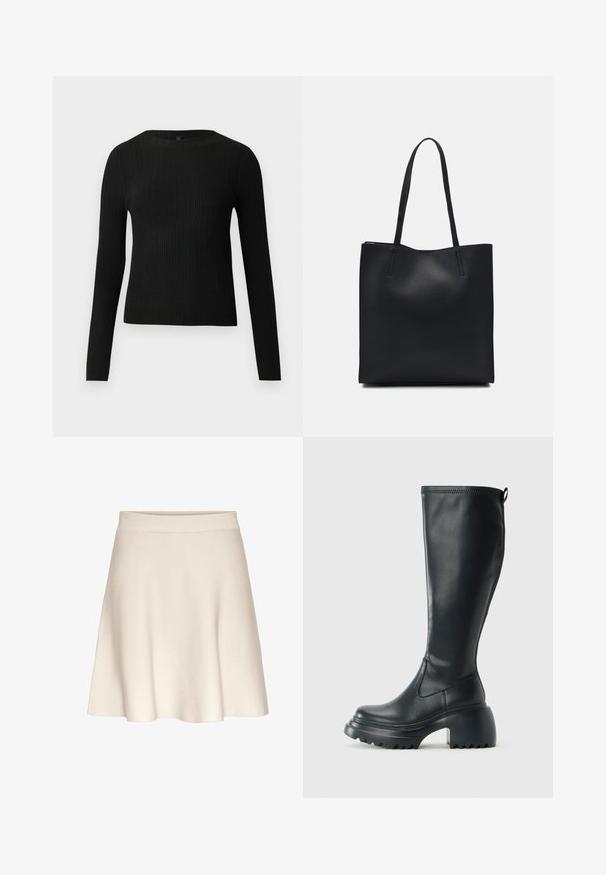 Maglione fitted a maniche lunghe nero a costine con scollo rotondo, esposto su uno sfondo chiaro e semplice.; Una gonna svasata beige realizzata in tessuto morbido con una texture liscia, caratterizzata da una cintura ampia e un orlo al ginocchio.; Stivale lungo in pelle nera con suola piatta robusta e tacco a blocco, dotato di linguetta e battistrada testurizzato sulla suola.; Borsa tote in pelle nera con texture liscia, forma rettangolare e due manici lunghi. Nessun hardware o decorazione visibile.