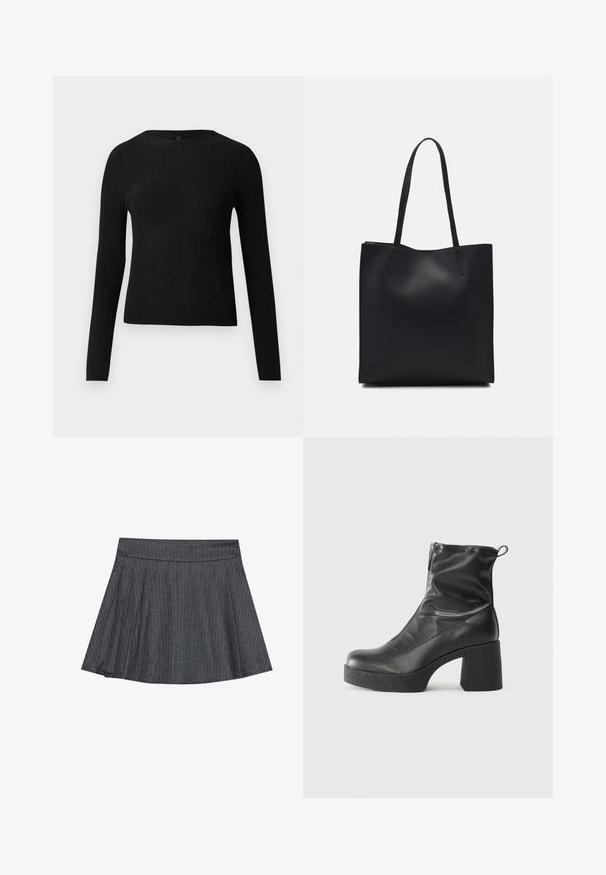 Čierny rebrovaný pulóver s dlhým rukávom, priliehajúci, s okrúhlym výstrihom, vystavený na jednoduchom svetlom pozadí.; Sivý sukňa s prúžkami v štýle skater s priliehavým pásom, rozšíreným A-čkovým strihom a jemnou textúrou látky. Vertikálne pruhy zvyšujú vizuálny záujem.; Čierne členkové topánky z hladkej kože, so bočným zipsom, robustnou textúrovanou pätnou časťou a zaobleným dizajnom špičky.; Čierna kožená taška na rameno s hladkým povrchom, obdĺžnikovým tvarom a dvoma dlhými uchami. Bez viditeľného kovania alebo ozdôb.