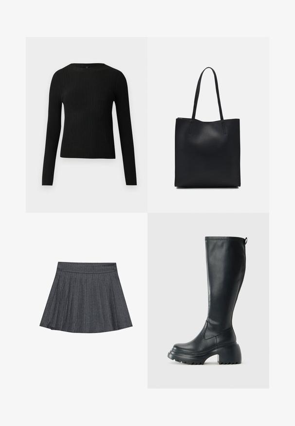 Pulover negru cu mâncă lungă, cu textură ribbed, cu decolteu rotund, expus pe un fundal deschis și simplu.; Fustă tip skater gri cu dungi subțiri, cu un talie ajustată, formă în evazat tip A și textură de țesătură moale. Liniile verticale sporesc interesul vizual.; Cizme lungi din piele neagră cu talpă platformă masivă și tocul pătrat, având un tab de tragere și un model texturat pe talpa exterioară.; Geantă tote neagră din piele, cu textură netedă, formă rectangulară și două mânere lungi. Fără hardware vizibil sau ornamente.