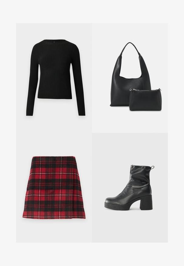 Pull ajusté noir à manches longues et côtelé avec un col rond, présenté sur un fond clair uni.; Mini-jupe écossaise rouge et noire, fabriquée en tissu doux avec une coupe évasée, comportant des coutures horizontales et un ourlet net.; Bottes noires à la cheville en cuir lisse, dotées d'une fermeture éclair sur le côté, d'un talon épais texturé et d'une conception à bout rond.; Even&Odd Sac à main - black