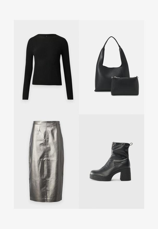 Črna rebrasta dolgosleeve prilegnjena pulover s krožnim ovratnikom, prikazan na enostavni svetli podlagi.; Metalna srebrna svinčnik krila iz gladkega, sijočega materiala. Ima visok pas, zarezo na zadnji strani ter detajle središnje šiv.; Črne gležnjarje iz gladke kože z božnim zadrgo, masivnim teksturiranim peto in zaobljeno obliko prstov.; Even&Odd Torbica - black