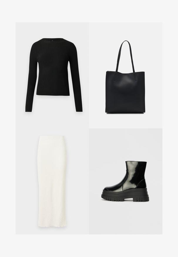 Suéter preto de mangas compridas com textura canelada, justo ao corpo, com um decote redondo, exibido contra um fundo claro e liso.; Saia midi branca e elegante, feita de um tecido texturizado, apresentando um formato ajustado e uma bainha levemente ondulada para um toque adicional.; Bota de tornozelo preta e brilhante com sola grossa e arredondada, vista lateral sobre fundo cinza claro.; Bolsa tote preta em couro com textura lisa, forma retangular e duas alças longas. Sem hardware ou enfeites visíveis.