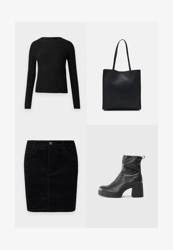 Melna, ribota, garām piedurknēm pieguļoša džemperis ar apaļu kakla izgriezumu, izlikta pret vienkāršu gaišu fonu.; Melnā korduroja svārku ar taisnu griezumu, pogu aizvēršanu, priekšējām kabatām, ribotām virsmām un matētu apdari.; Melni potītes zābaki, kas izgatavoti no gludas ādas, ar sānu rāvējslēdzēju, masīvu strukturētu papēdi un noapaļotu purngalu.; Melnas ādas somiņa ar gludu tekstūru, taisnstūra formu un divām garām rokturiem. Nav redzamu aparatūras vai rotājumu.