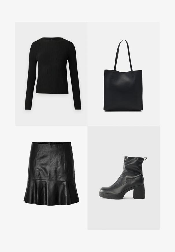 Mustmustriibuline must pikavarsiline sobiv sviiter ümmarguse kaelusega, esitatud helehallil taustal.; Mustmust muströöd, millel on laienev äär ja nähtavad õmblused, tagant tõmblukuga kinnitamine.; Mustad mustad ansapüksid, mis on valmistatud siledast nahast, külje zipperiga, paksu tekstuuriga kontsaga ja ümmarguse nina disainiga.; Mustast nahast kott sujuva tekstuuriga, ristkülikukujuline ja kahe pika sangaga. Pole nähtavat riistvara ega kaunistusi.