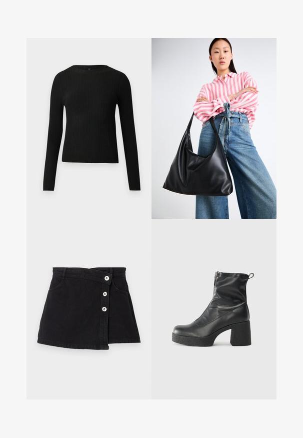 Pulover negru cu mâncă lungă, cu textură ribbed, cu decolteu rotund, expus pe un fundal deschis și simplu.; Fustă din denim neagră, cu talie înaltă, având un design înfășurat, cinci nasturi argintii pe o parte și două buzunare laterale. Textură netedă.; Bocanci negri de glezna din piele netedă, cu fermoar lateral, toc texturat și masiv, și design cu vârf rotund.; Geantă de umăr din piele neagră, cu o formă lejeră și detalii de cusătură. Modelul poartă o bluză cu dungi roz și alb și jeans largi albaștri.