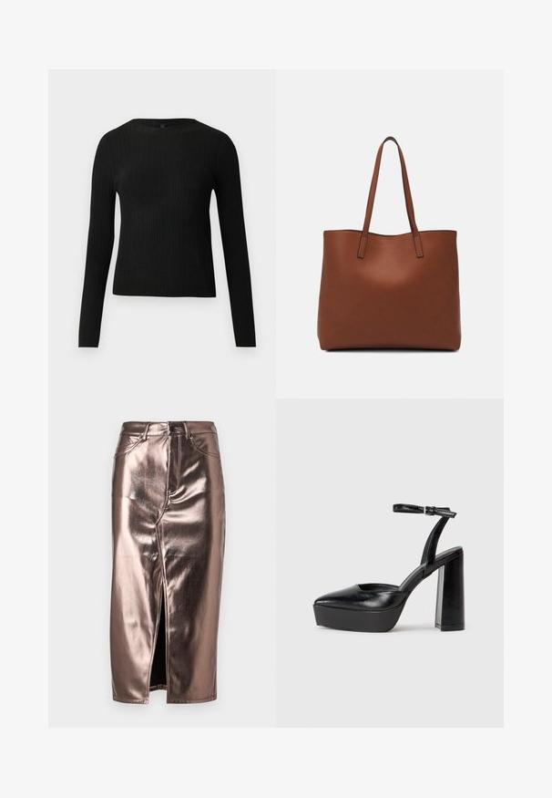 Pulover negru cu mâncă lungă, cu textură ribbed, cu decolteu rotund, expus pe un fundal deschis și simplu.; Fustă midi metalizată bronz cu fante în față, având un croi clasic de blugi, cinci buzunare și o închidere cu buton la talie.; Pantofi cu toc platformă negri, cu vârful ascuțit și curea reglabilă la gleznă. Confecționați din piele netedă, având un toc gros.; Geantă de umăr din piele maro cu o textură netedă, design cu vârf deschis și două curele pentru umăr. Prezintă cusături minime și fără componente metalice vizibile.