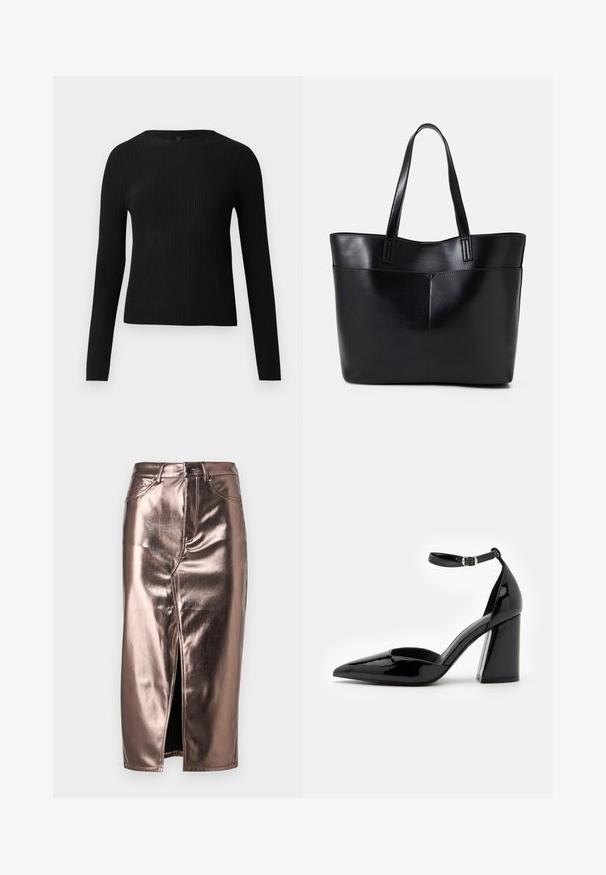 Crni rebrasti dugouhasti pripijeni pulover s okruglim izrezom, prikazan na jednostavnoj svijetloj pozadini.; Metalna brončana midi suknja s prednjim izrezom, koja se odlikuje klasičnim traper krojem, pet džepova i kopčanjem na gumbu na struku.; Crne lakirane cipele s visokom potpeticom, šiljastim prstima, remenom oko gležnja i širokom blok potpeticom za stabilnost, s glatkom sjajnom teksturom.; Crna kožna torba s dugim ručkama, glatkom teksturom i strukturiranim oblikom. Ima prednju džep za dodatno pohranu.