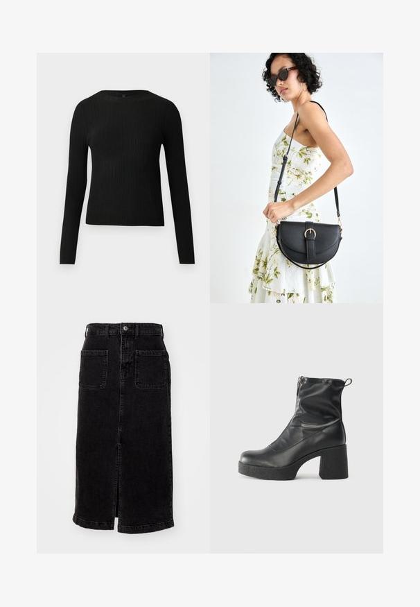 Čierny rebrovaný pulóver s dlhým rukávom, priliehajúci, s okrúhlym výstrihom, vystavený na jednoduchom svetlom pozadí.; Čierna denimová midi sukňa s rovým strihom, predným rozparkom a dvoma zadnými vreckami. Má pás so železným gombíkom a pútka na opasok.; Čierne členkové topánky z hladkej kože, so bočným zipsom, robustnou textúrovanou pätnou časťou a zaobleným dizajnom špičky.; Čierna kožená kabelka s zaobleným tvarom, odnímateľným popruhom a zlatými doplnkami. Kabelka má klopu s detailom s prackou.