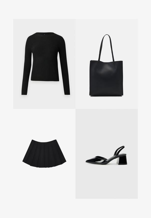 Sort ribbet langærmet tætsiddende sweater med rund halsudskæring, præsenteret på en ensfarvet lys baggrund.; Sort plisseret nederdel med flere lodrette folder, en glat tekstur og en cirkulær kant, designet med en skjult lynlås i siden.; Sorte patentlæder slingback hæle med spids tå og en geometrisk blok hæl. Har et elegant, minimalistisk design og en glat tekstur.; Sort læder tote taske med glat tekstur, rektangulær form og to lange hanke. Ingen synlig hardware eller udsmykninger.