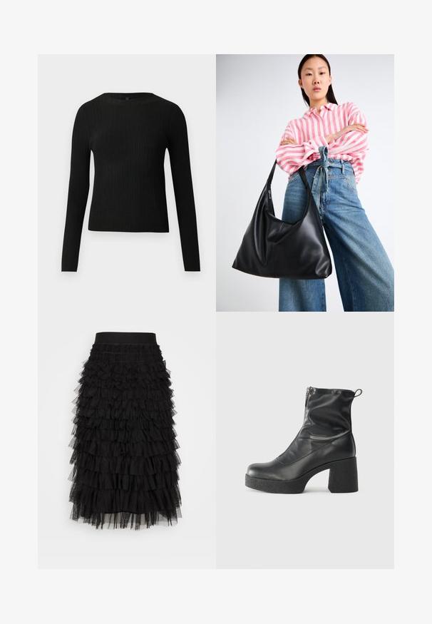 Pull ajusté noir à manches longues et côtelé avec un col rond, présenté sur un fond clair uni.; Jupe noire à niveaux avec une ceinture élastique, plusieurs couches de volants froncés et une texture de tulle doux, créant du volume et du mouvement.; Bottes noires à la cheville en cuir lisse, dotées d'une fermeture éclair sur le côté, d'un talon épais texturé et d'une conception à bout rond.; Sac à épaule en cuir noir avec une forme décontractée et des détails de couture. Le modèle porte une chemise rayée rose et blanche avec un jean bleu à jambes larges.