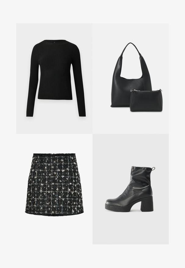 Juoda dryžuota ilga rankovė prigludusi megztinis su apvalia iškirpte, pateiktas prieš paprastą šviesią fono.; Juodas tweed sijonas su tinklelio raštu, puoštais sekuenomis ir mažomis gėlėmis, su suplyšusiu apvadu ir prigludusia forma.; Juodos kulkšninių botai, pagaminti iš lygaus odos, su šoniniu užtrauktuku, masyviu tekstūruotu kulnu ir apvaliu pirštu.; Even&Odd Rankinė - black
