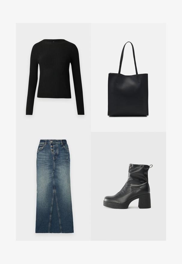 Juoda dryžuota ilga rankovė prigludusi megztinis su apvalia iškirpte, pateiktas prieš paprastą šviesią fono.; Tamsiai mėlynas džinsinis midi sijonas su priekinėmis skeltuvėmis, penkiomis mygtukais ir klasikiniu džinsinio audinio siuvimu.; Juodos kulkšninių botai, pagaminti iš lygaus odos, su šoniniu užtrauktuku, masyviu tekstūruotu kulnu ir apvaliu pirštu.; Juodas odinis tote krepšys su lygia tekstūra, stačiakampio formos ir dviem ilgais rankenomis. Matomų metalinių detalių ar puošybos nėra.