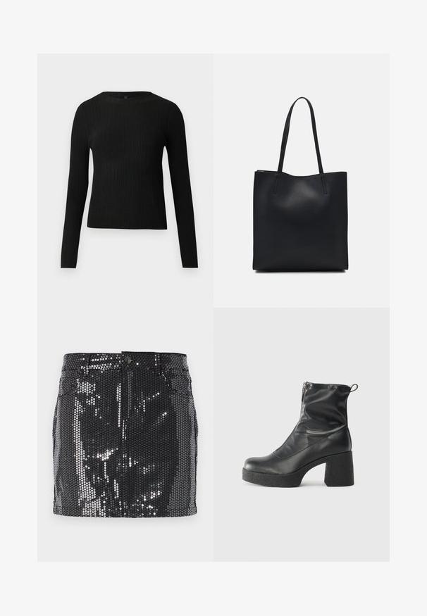 Svart ribbestrikket langermet tettsittende genser med rund hals, vist mot en ensfarget lys bakgrunn.; Svart paljett minis skjørt med en tettsittende design, knappelukking, og en helhetlig glitrende tekstur som reflekterer lyset. Rett fald og funksjonelle lommer.; Svarte ankelstøvler laget av glatt lær, med glidelås på siden, chunky strukturert hæl, og rund tå-design.; Svart lær tote bag med glatt tekstur, rektangulær form og to lange håndtak. Ingen synlige deler eller dekorasjoner.