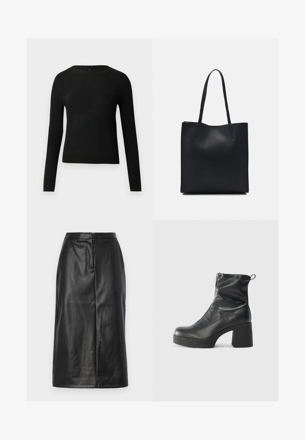 Črna rebrasta dolgosleeve prilegnjena pulover s krožnim ovratnikom, prikazan na enostavni svetli podlagi.; Črna usnjena krila s prilegajočo silhueto, ki ima gladko teksturo, srednje dolžino in subtilne šive. Brez kovinskih dodatkov.; Črne gležnjarje iz gladke kože z božnim zadrgo, masivnim teksturiranim peto in zaobljeno obliko prstov.; Črna usnjena torba s svilnato teksturo, pravokotne oblike in dvema dolgima ročajema. Brez vidnih metalnih delov ali okrasnih elementov.