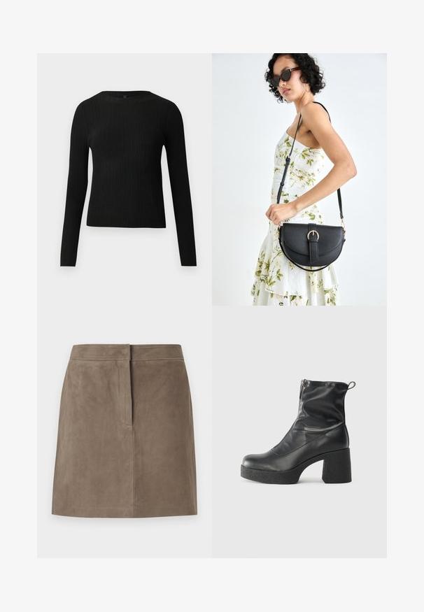 Svart ribbad långärmad åtsittande tröja med rund halsringning, visad mot en enkel ljus bakgrund.; Taupe knälång mockaskjol med rak passform och dold söm framtill på en enfärgad bakgrund.; Svarta ankelstövlar i slitstark läder, med sidodragkedja, kraftig strukturerad klack och rundad tådesign.; Svart läderhandväska med en böjd form, avtagbar rem och guldiga detaljer. Väskan har ett lock med en spänndetalj.
