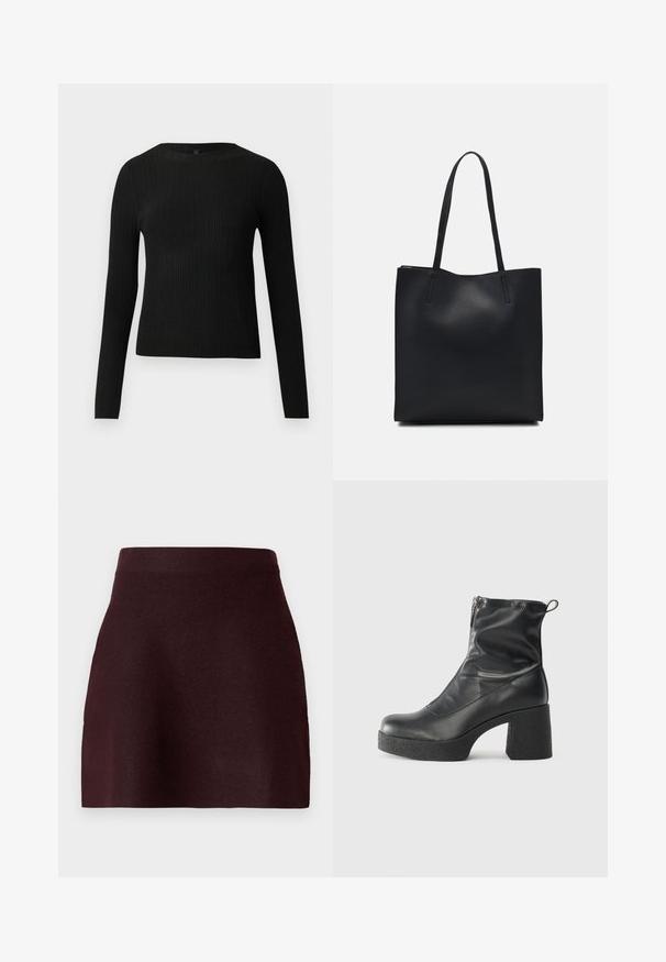 Črna rebrasta dolgosleeve prilegnjena pulover s krožnim ovratnikom, prikazan na enostavni svetli podlagi.; Burgundska mini krilo s prilegačim pasom, gladko teksturo in razširjenim silhuetem. Enostaven dizajn brez vzorcev ali strojnih podrobnosti.; Črne gležnjarje iz gladke kože z božnim zadrgo, masivnim teksturiranim peto in zaobljeno obliko prstov.; Črna usnjena torba s svilnato teksturo, pravokotne oblike in dvema dolgima ročajema. Brez vidnih metalnih delov ali okrasnih elementov.