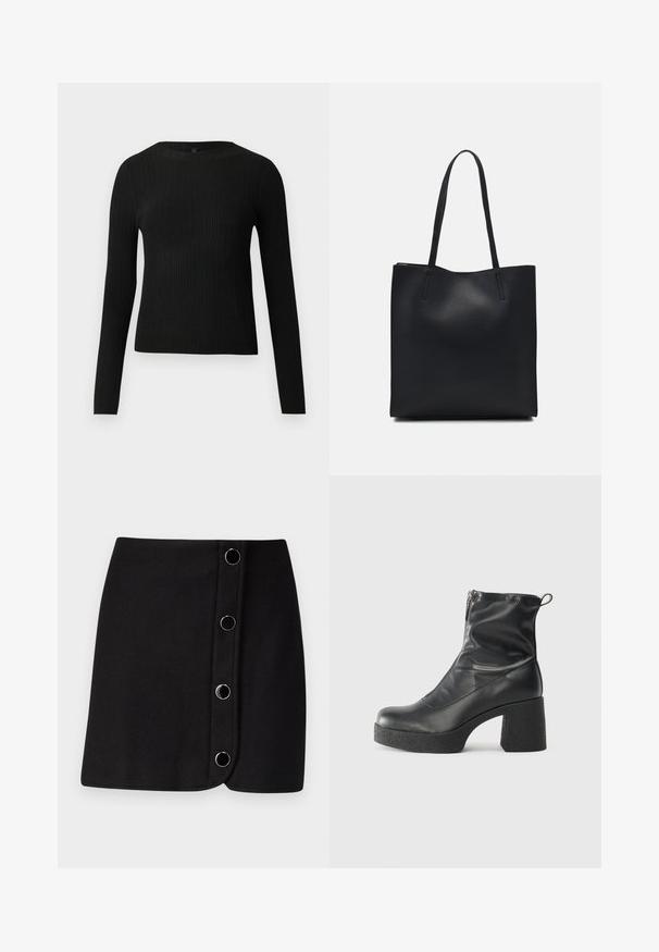 Fekete bordázott, hosszú ujjas, testhez simuló pulóver kerek nyakkivágással, világos, egyszínű háttér előtt kiemelve.; Fekete mini szoknya, átkötős dizájnnal, öt ezüst körgombbal az elején, sima, matt textúrával.; Fekete bokacsizmák sima bőrből, oldalsó cipzárral, vastag, texturált sarkú és lekerekített orrú dizájnnal.; Fekete bőrtáska sima felszínnel, téglalap alakú, két hosszú füllel. Nincs látható fémkiegészítő vagy díszítés.