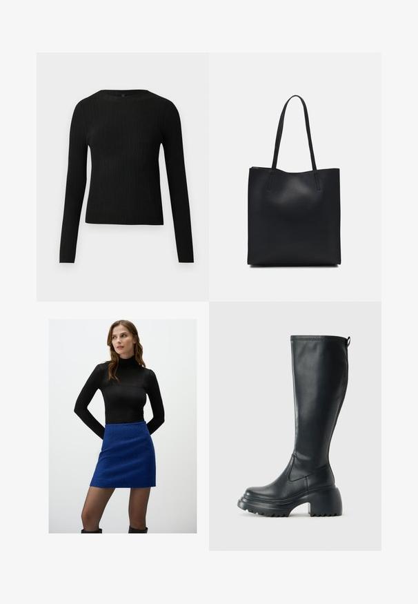 Zwarte geribde langochtriem trui met een ronde halslijn, weergegeven tegen een effen lichte achtergrond.; Zwarte langemouwen turtleneck top gecombineerd met een gestructureerde blauwe minirok. De rok heeft een licht onregelmatig patroon en een aansluitende vorm.; Hoge zwarte leren laars met een chunky plateauzool en blokhak, voorzien van een trekband en een gestructureerd profiel op de buitenzool.; Zwarte leren handtas met een gladde textuur, rechthoekige vorm en twee lange handvaten. Geen zichtbare hardware of versieringen.