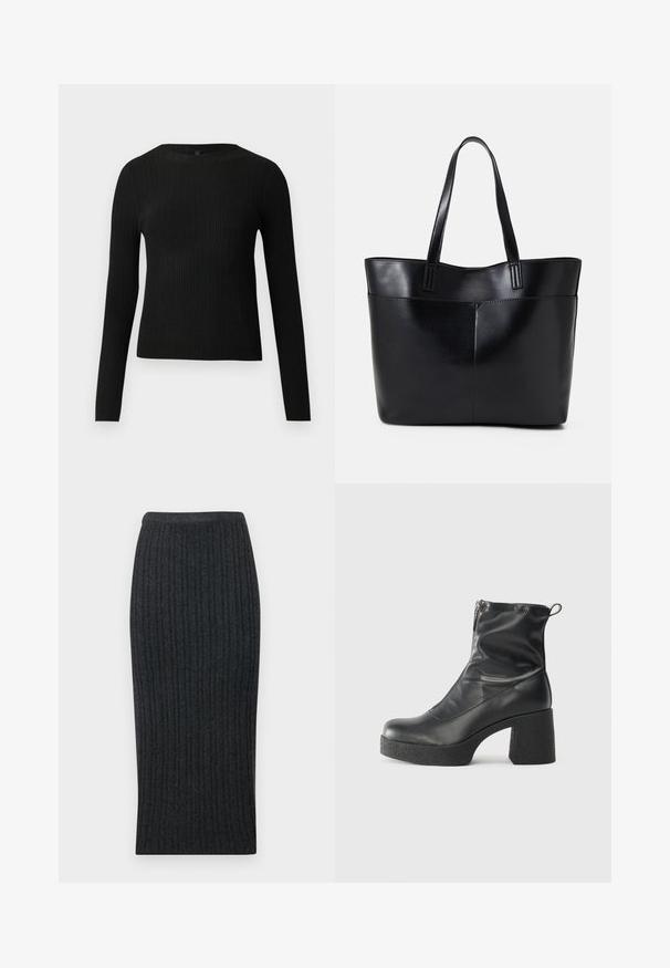 Black ribbed long-sleeve fitted sweater with a round neckline, displayed against a plain light background.; Dark grey ribbed knit midi skirt with a form-fitting silhouette and elastic waistband. Features vertical ribbing for texture.; Black ankle boots made of smooth leather, featuring a side zipper, chunky textured heel, and rounded toe design.; Black leather tote bag with two long handles, a smooth texture, and a structured shape. Features a front pocket for additional storage.
