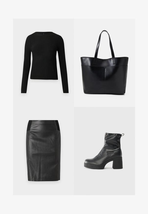 Pulover negru cu mâncă lungă, cu textură ribbed, cu decolteu rotund, expus pe un fundal deschis și simplu.; Fustă creion din piele neagră, cu un design ajustat, textură netedă și talie elastică pe ambele părți. O margine plată la baza fustei.; Bocanci negri de glezna din piele netedă, cu fermoar lateral, toc texturat și masiv, și design cu vârf rotund.; Geantă oversized din piele neagră, cu două mânere lungi, de textură netedă și formă structurată. Are un buzunar frontal pentru stocare suplimentară.