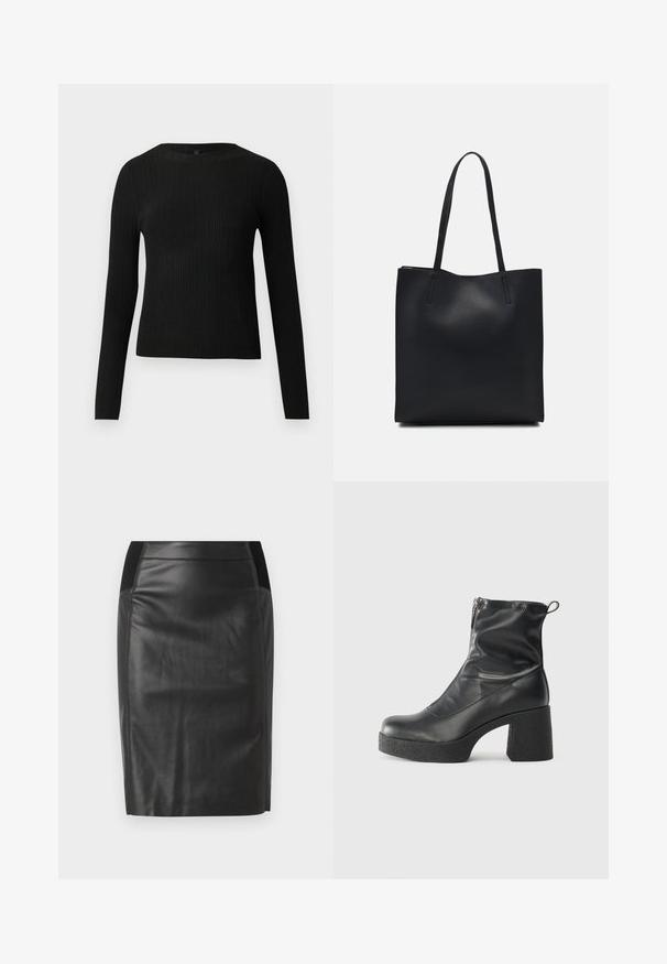 Pulover negru cu mâncă lungă, cu textură ribbed, cu decolteu rotund, expus pe un fundal deschis și simplu.; Fustă creion din piele neagră, cu un design ajustat, textură netedă și talie elastică pe ambele părți. O margine plată la baza fustei.; Bocanci negri de glezna din piele netedă, cu fermoar lateral, toc texturat și masiv, și design cu vârf rotund.; Geantă tote neagră din piele, cu textură netedă, formă rectangulară și două mânere lungi. Fără hardware vizibil sau ornamente.