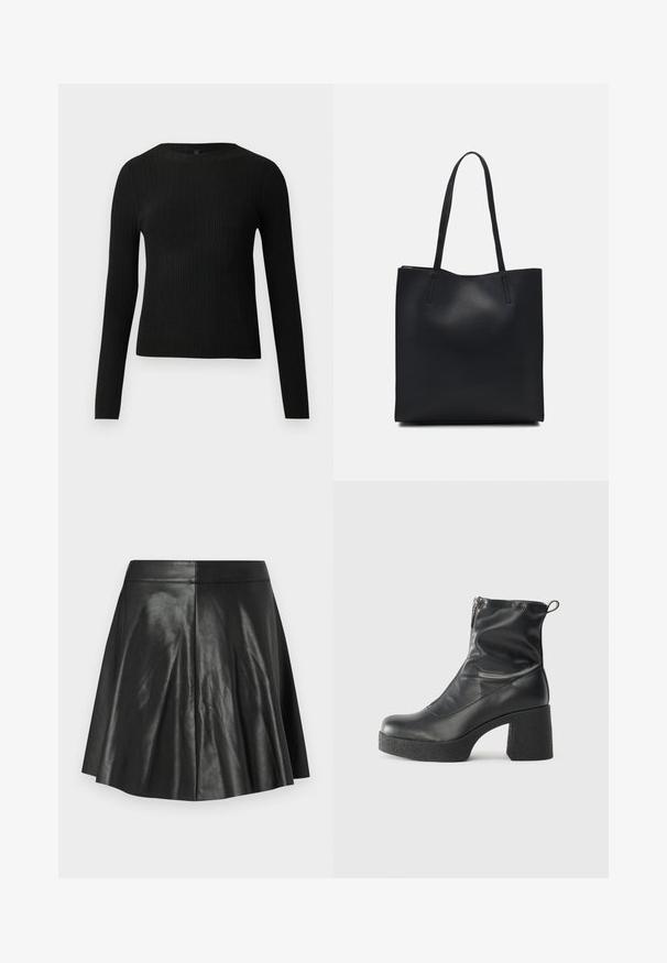 Černý žebrovaný dlouhý rukáv těsně padnoucí svetr s kulatým výstřihem, vystavený na jednoduchém světlém pozadí.; Černá rozšířená sukně z umělé kůže s panelovým prošíváním a přiléhavým pasem na jednobarevném světlém pozadí.; Černé kotníkové boty vyrobené z hladké kůže, s bočním zipem, robustním strukturovaným podpatkem a kulatou špičkou.; Černá kožená taška přes rameno s hladkým povrchem, obdélníkovým tvarem a dvěma dlouhými uchy. Žádné viditelné kování ani ozdoby.