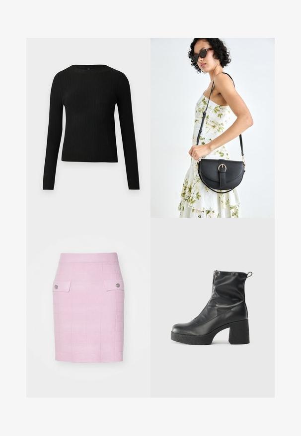 Czarny, prążkowany, dopasowany sweter z długim rękawem i okrągłym dekoltem, wyeksponowany na jednolitym jasnym tle.; Jasnoróżowa, teksturowana spódnica do kolan z wzorem w kratę, z dwiema przednimi kieszeniami i dekoracyjnymi guzikami na każdej kieszeni.; Czarne botki za kostkę wykonane z gładkiej skóry, wyposażone w boczny zamek błyskawiczny, masywny teksturowany obcas oraz zaokrąglony czubek.; Czarna skórzana torebka o zakrzywionym kształcie, z odpinanym paskiem i złotymi akcentami. Torebka posiada klapę z zapięciem w kształcie klamry.
