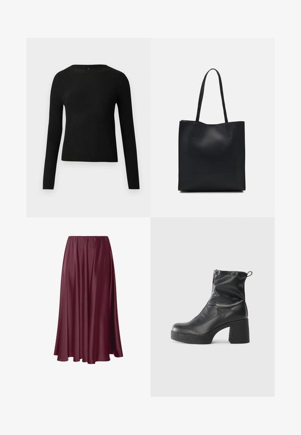 Črna rebrasta dolgosleeve prilegnjena pulover s krožnim ovratnikom, prikazan na enostavni svetli podlagi.; Burgundijska dolga krila iz gladkega, sijajnega materiala z mehko obliko in elastičnim pasom. Brez vzorcev ali dodatkov.; Črne gležnjarje iz gladke kože z božnim zadrgo, masivnim teksturiranim peto in zaobljeno obliko prstov.; Črna usnjena torba s svilnato teksturo, pravokotne oblike in dvema dolgima ročajema. Brez vidnih metalnih delov ali okrasnih elementov.