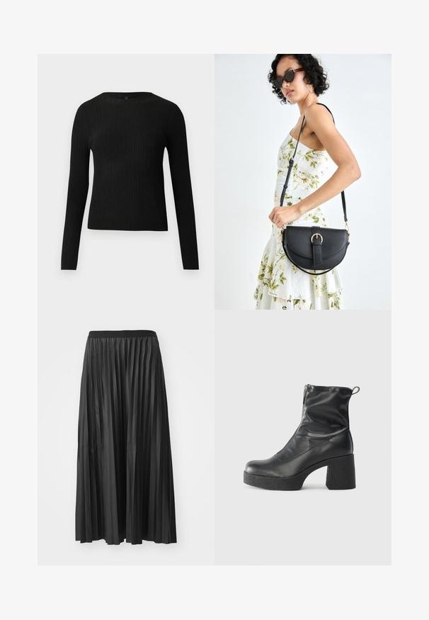 Juoda dryžuota ilga rankovė prigludusi megztinis su apvalia iškirpte, pateiktas prieš paprastą šviesią fono.; Juoda klostuota maxi sijonas su lygiu paviršiumi ir elastinga juosmeniu, turintis vertikalias klostes, kurios sukuria tūrį ir judėjimą.; Juodos kulkšninių botai, pagaminti iš lygaus odos, su šoniniu užtrauktuku, masyviu tekstūruotu kulnu ir apvaliu pirštu.; Juodas odinis krepšys su išlenkta forma, nuimamu dirželiu ir auksiniais detalėmis. Krepšys turi kilpą su sagtimi.
